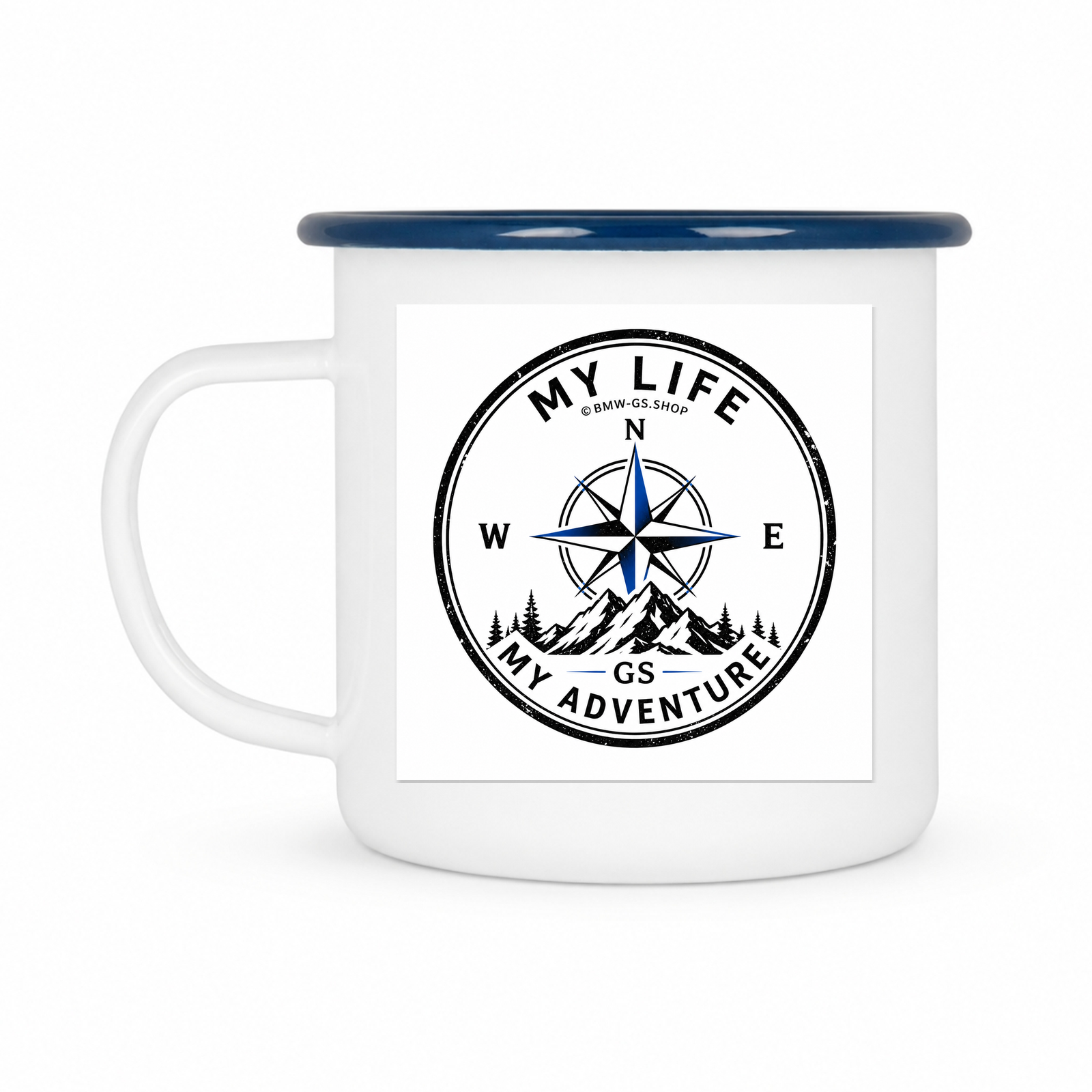 GS Emailletasse "Your Life Your Adventure" – Kompass-Tasse zum MOTORRADSPUREN Reise-Logbuch - blau - Rueckseite