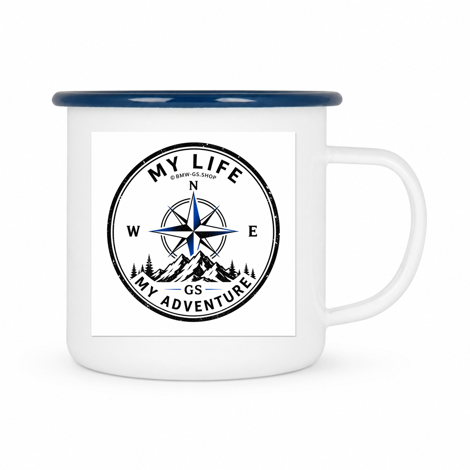 GS Emailletasse "Your Life Your Adventure" – Kompass-Tasse zum MOTORRADSPUREN Reise-Logbuch - blau