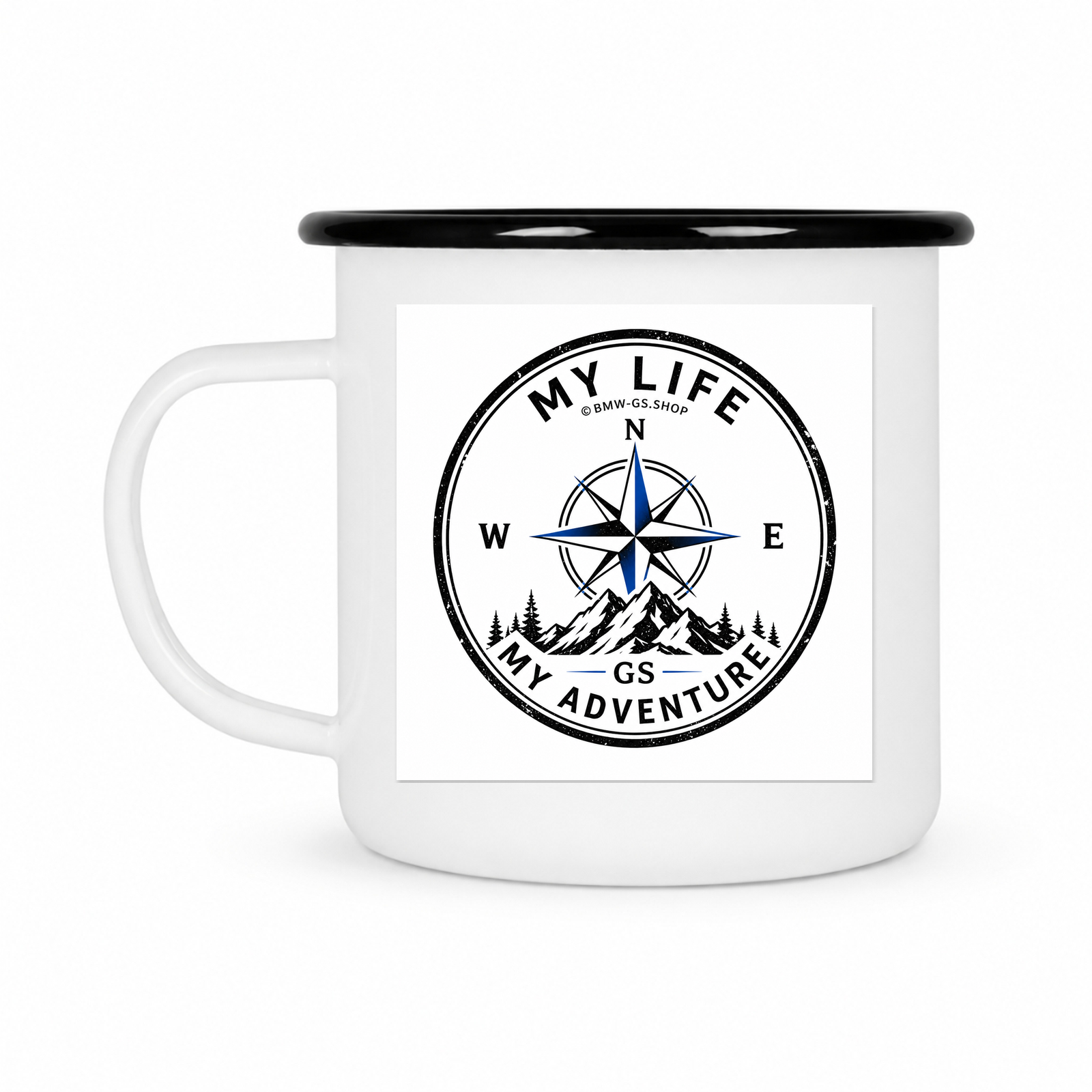 GS Emailletasse "Your Life Your Adventure" – Kompass-Tasse zum MOTORRADSPUREN Reise-Logbuch - schwarz - Rueckseite