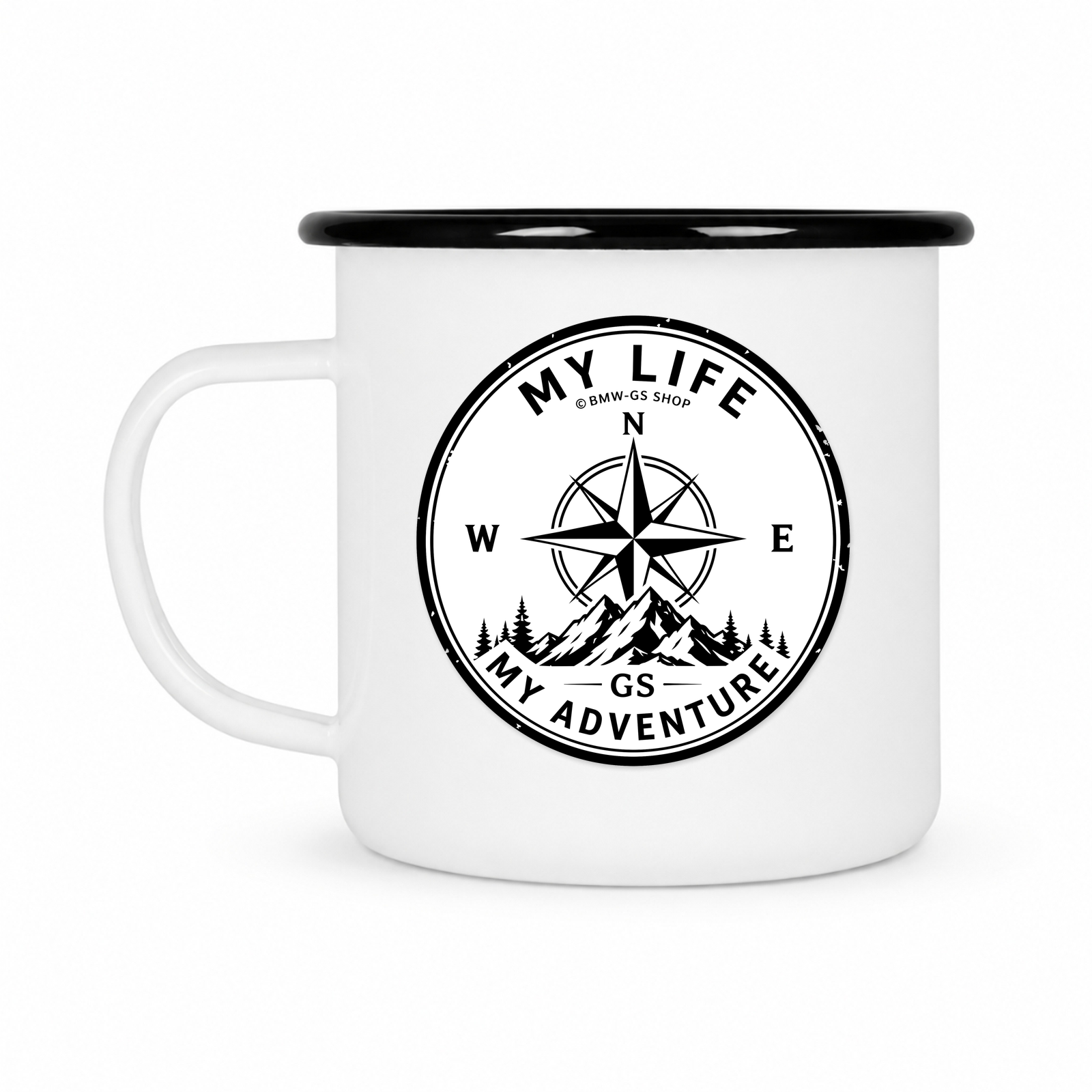 GS Emailletasse "Your Life Your Adventure" – Kompass-Tasse zum MOTORRADSPUREN Reise-Logbuch - schwarz - Rueckseite