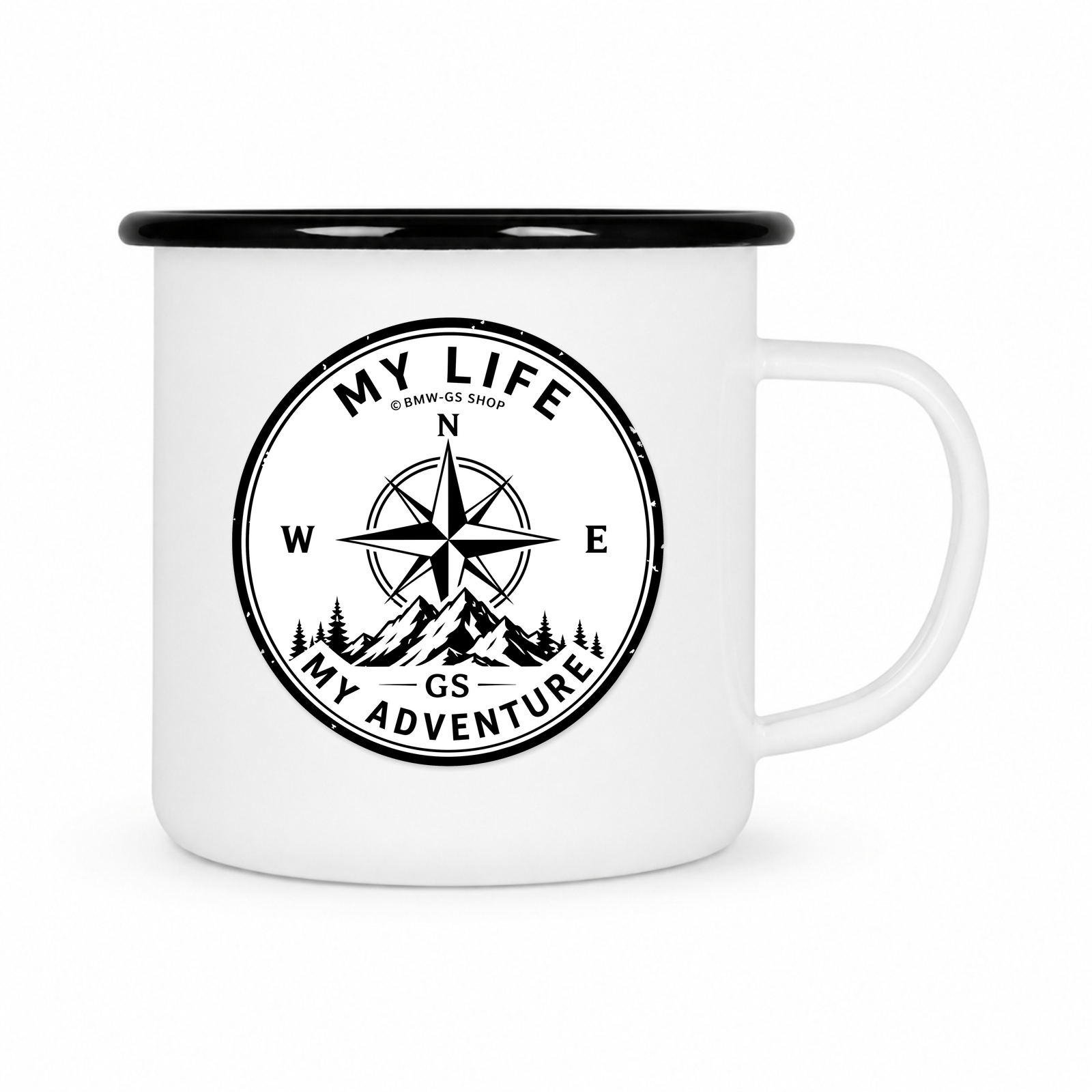 GS Emailletasse "Your Life Your Adventure" – Kompass-Tasse zum MOTORRADSPUREN Reise-Logbuch - schwarz