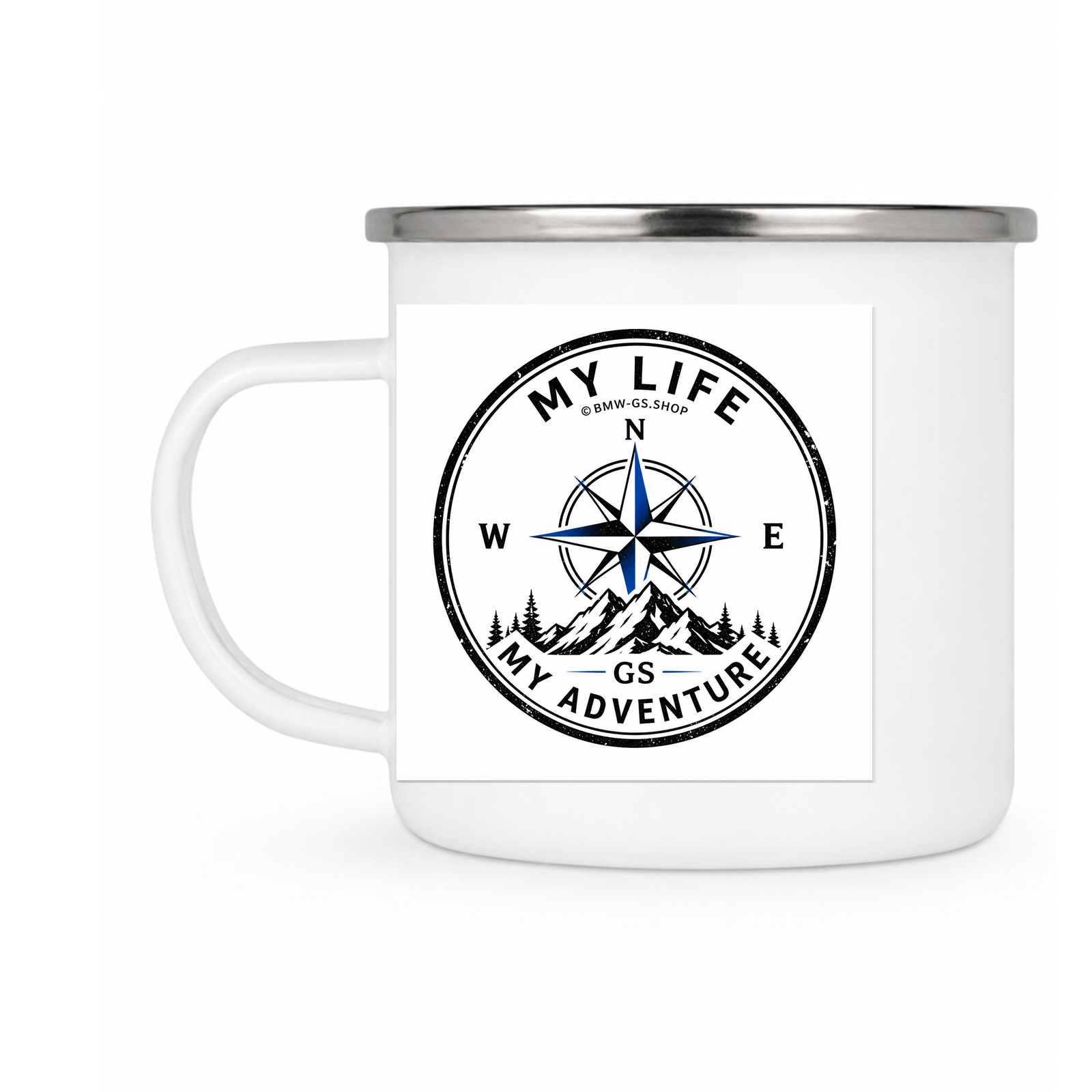 GS Emailletasse "Your Life Your Adventure" – Kompass-Tasse zum MOTORRADSPUREN Reise-Logbuch - silber - Rueckseite