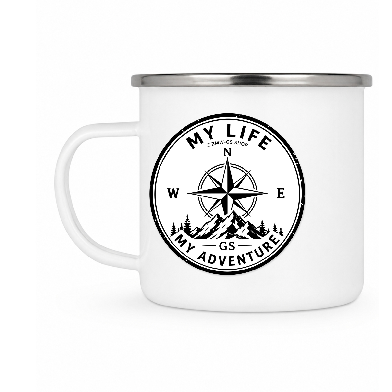 GS Emailletasse "Your Life Your Adventure" – Kompass-Tasse zum MOTORRADSPUREN Reise-Logbuch - silber - Rueckseite