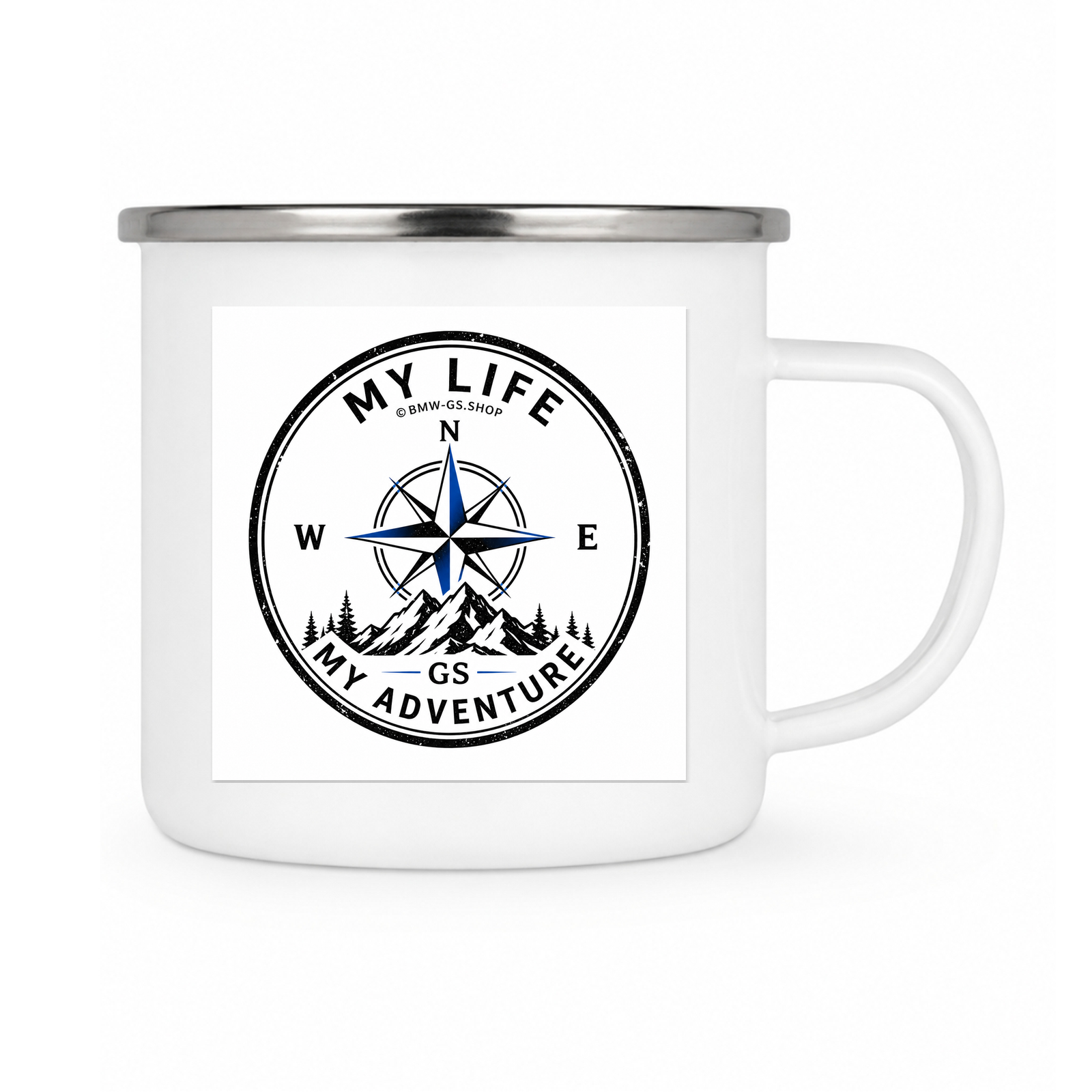 GS Emailletasse "Your Life Your Adventure" – Kompass-Tasse zum MOTORRADSPUREN Reise-Logbuch - silber