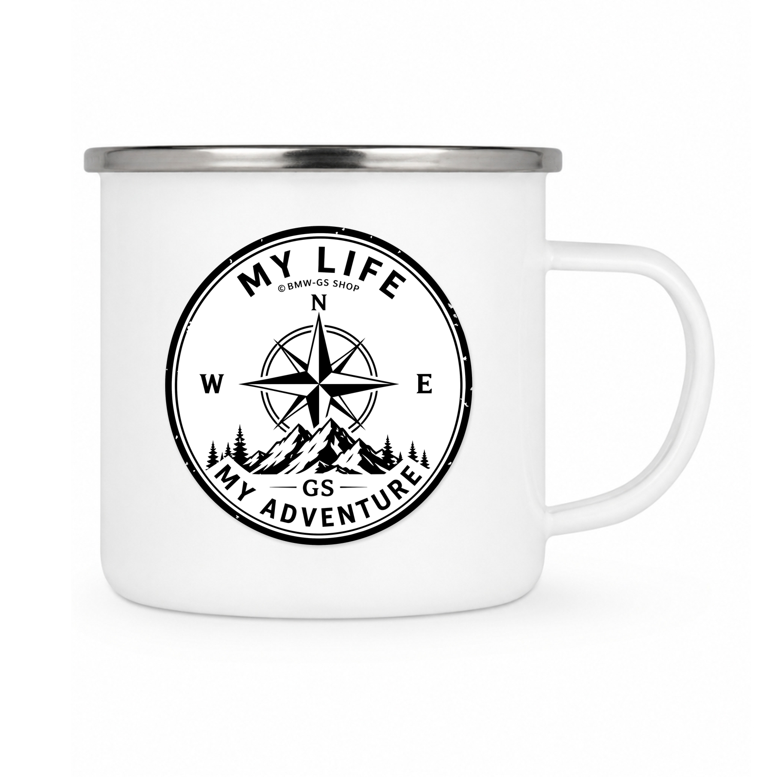 GS Emailletasse "Your Life Your Adventure" – Kompass-Tasse zum MOTORRADSPUREN Reise-Logbuch - silber