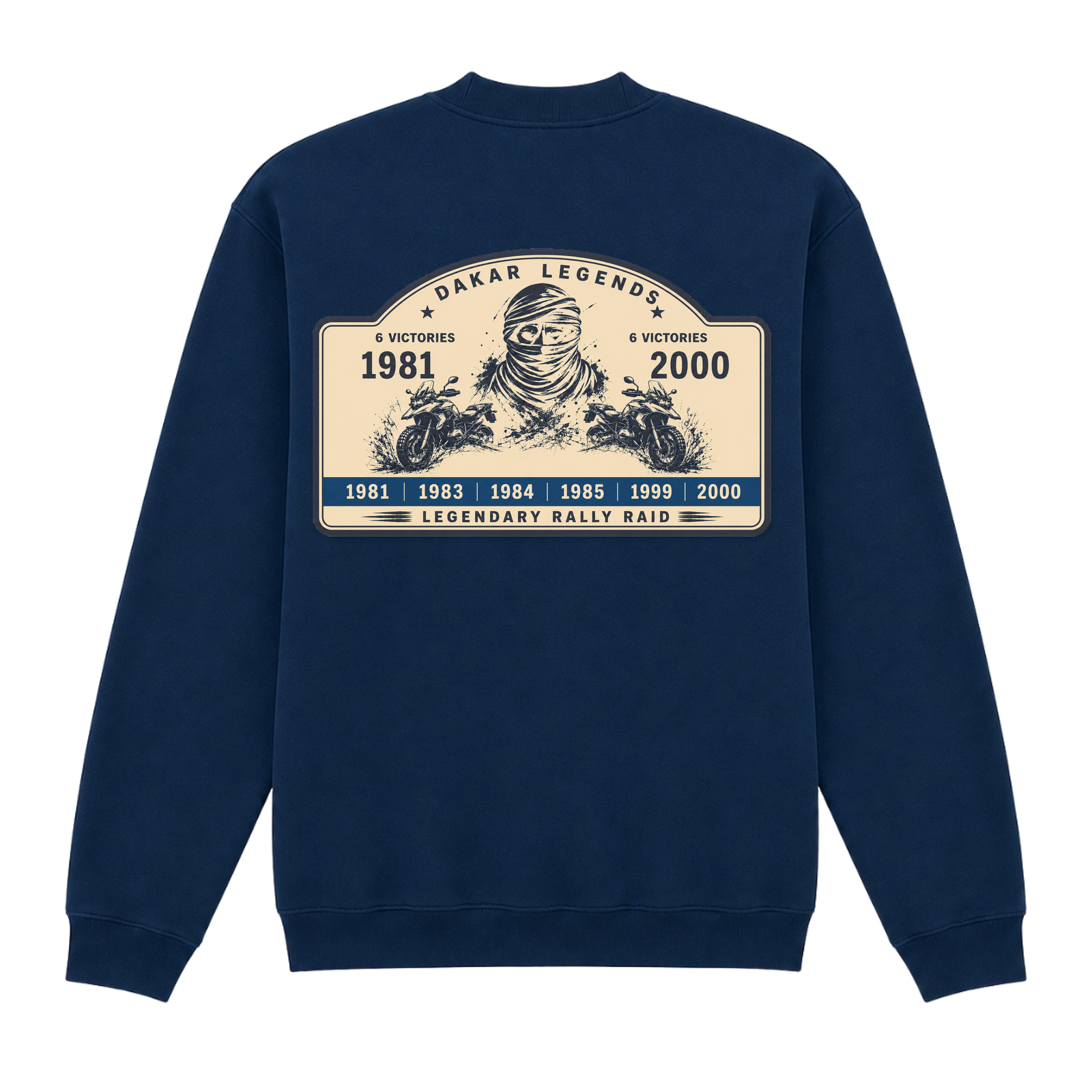 BMW GS Dakar Hommage 1/4-Zip Sweatshirt "Legendary Rally Raid" – exklusiver Motorrad-Troyer - Navy - Rueckseite