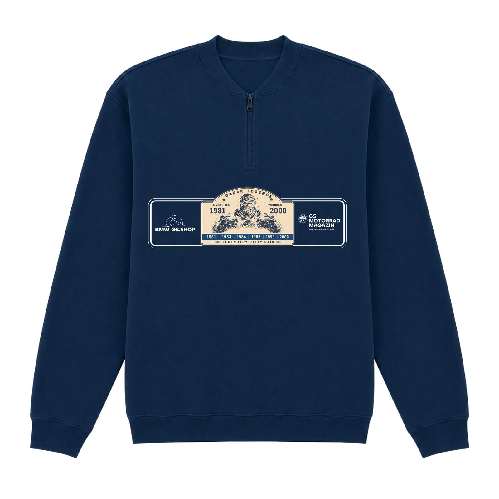 BMW GS Dakar Hommage 1/4-Zip Sweatshirt "Legendary Rally Raid" – exklusiver Motorrad-Troyer - Navy