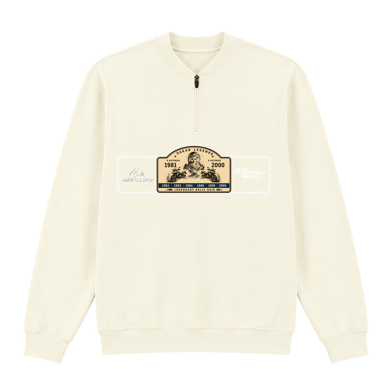 BMW GS Dakar Hommage 1/4-Zip Sweatshirt "Legendary Rally Raid" – exklusiver Motorrad-Troyer - Off White