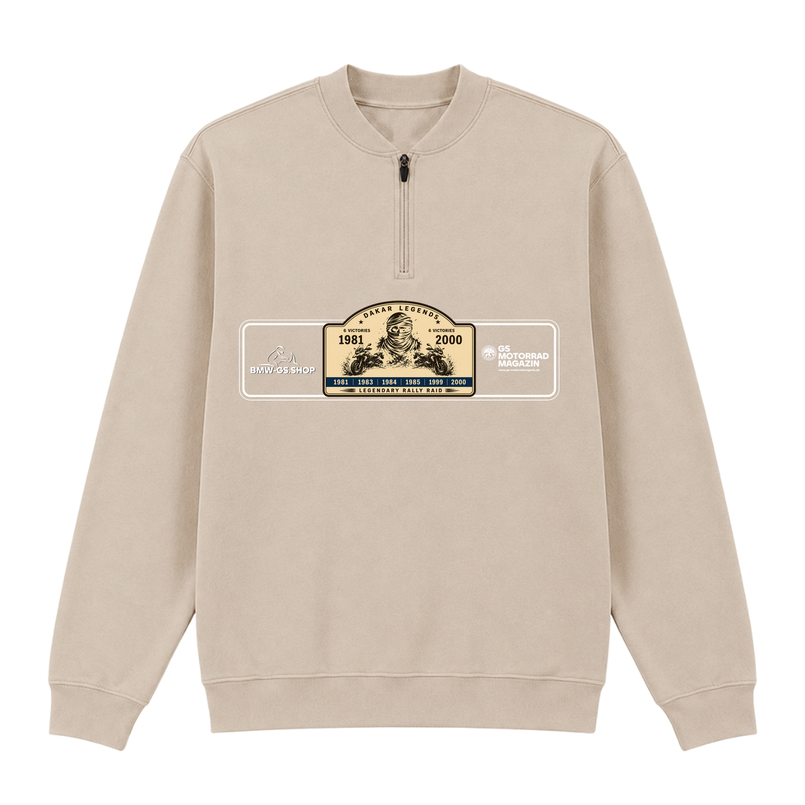 BMW GS Dakar Hommage 1/4-Zip Sweatshirt "Legendary Rally Raid" – exklusiver Motorrad-Troyer - Sand
