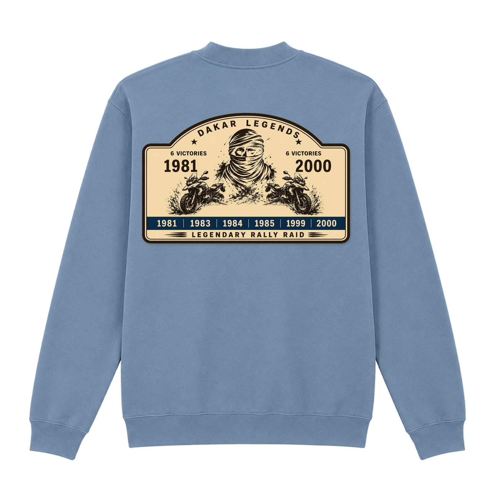 BMW GS Dakar Hommage 1/4-Zip Sweatshirt "Legendary Rally Raid" – exklusiver Motorrad-Troyer - Stone Blue - Rueckseite