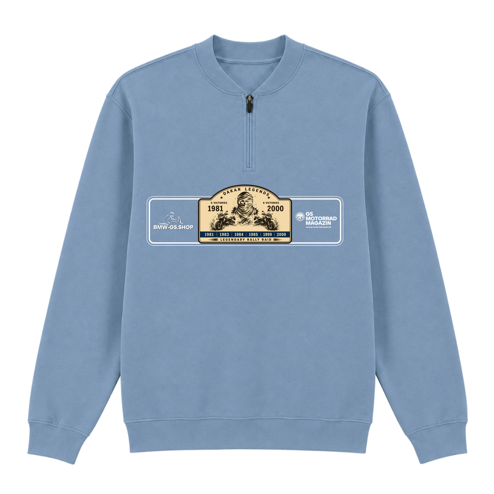 BMW GS Dakar Hommage 1/4-Zip Sweatshirt "Legendary Rally Raid" – exklusiver Motorrad-Troyer - Stone Blue