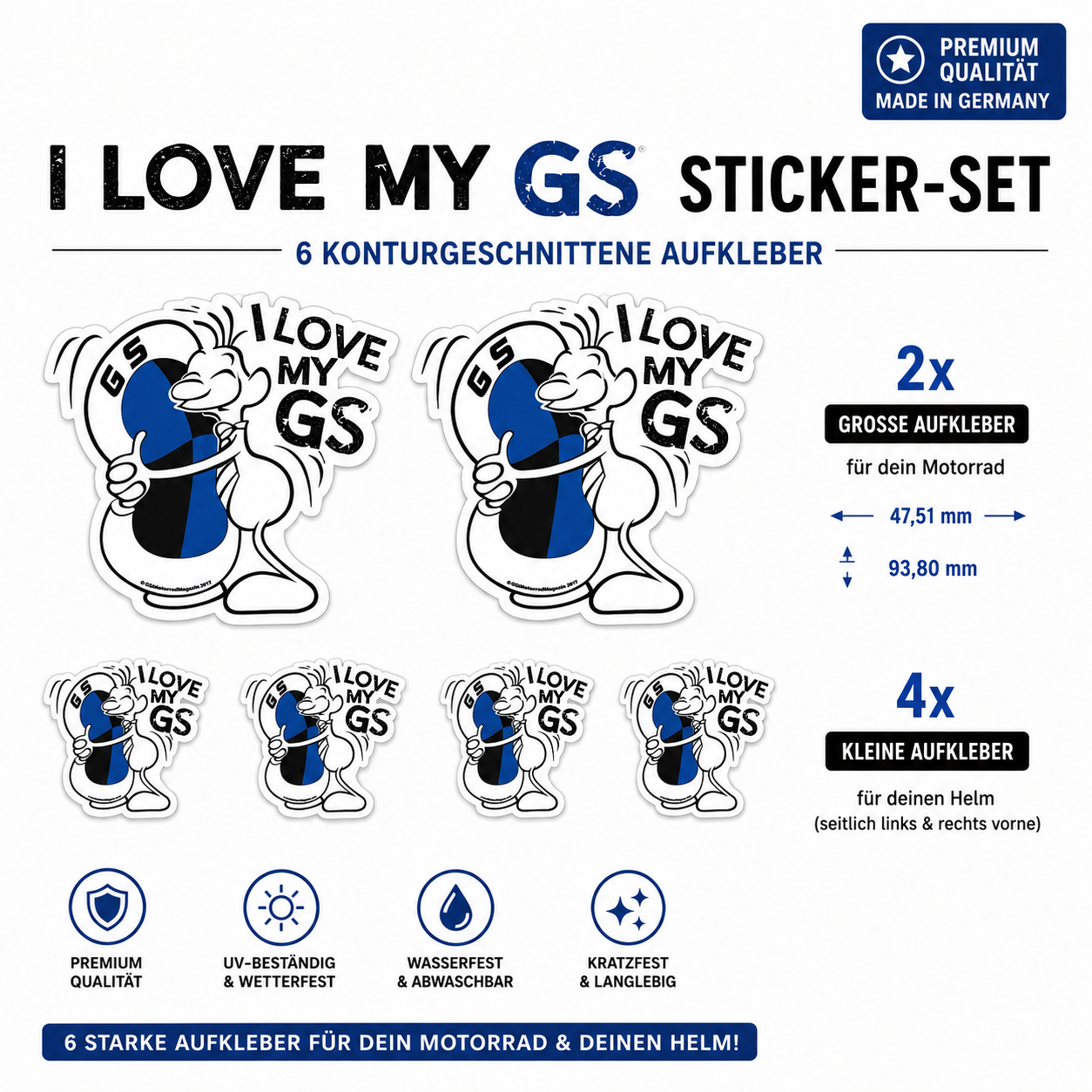 I LOVE MY GS Sticker-Set – 6 Motorrad & Helm Aufkleber