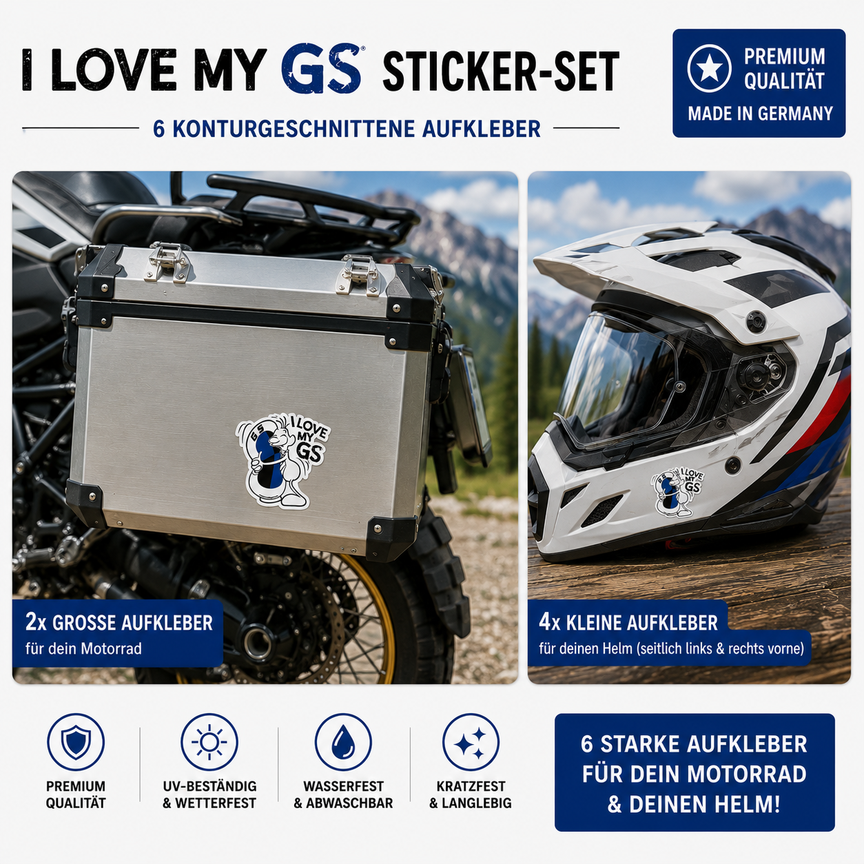 I LOVE MY GS Sticker-Set – 6 Motorrad & Helm Aufkleber