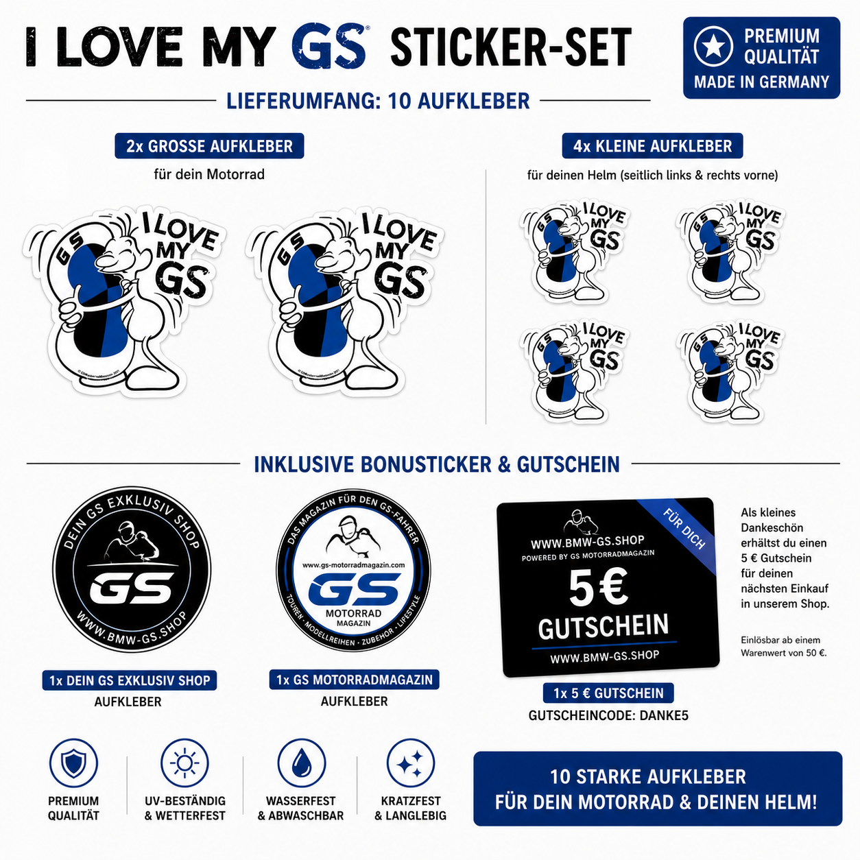 I LOVE MY GS Sticker-Set – 6 Motorrad & Helm Aufkleber