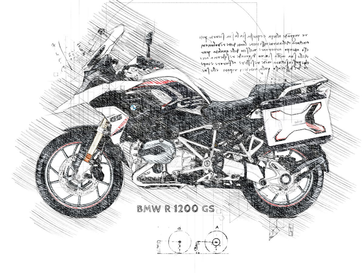 #256 BMW R 1200 GS (white/red): Kunstwerk | Da Vinci Stil | BMW GS Poster | Sofort-Download | BMW GS Merchandise | BMW GS Geschenk