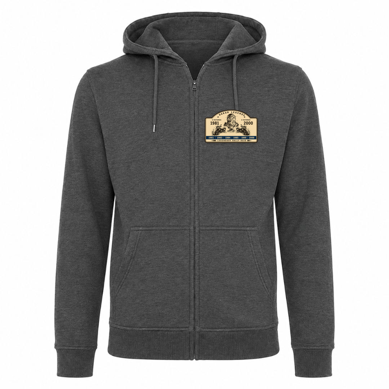 BMW GS Dakar Hommage Zip-Hoodie "Legendary Rally Raid" – exklusive Motorrad-Kapuzenjacke - charcoal