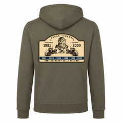 BMW GS Dakar Hommage Zip-Hoodie "Legendary Rally Raid" – exklusive Motorrad-Kapuzenjacke - Olive - Rueckseite