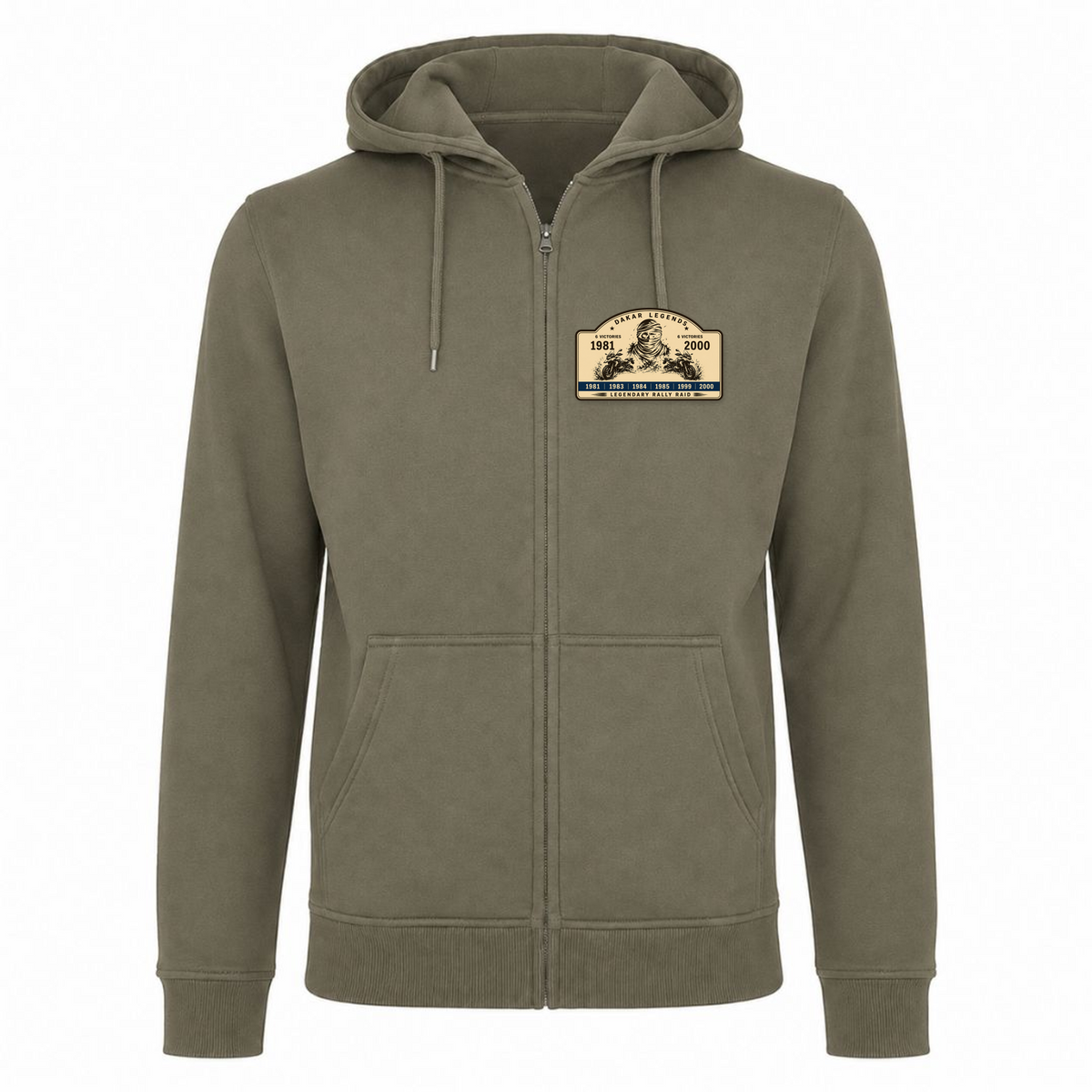 BMW GS Dakar Hommage Zip-Hoodie "Legendary Rally Raid" – exklusive Motorrad-Kapuzenjacke - Olive